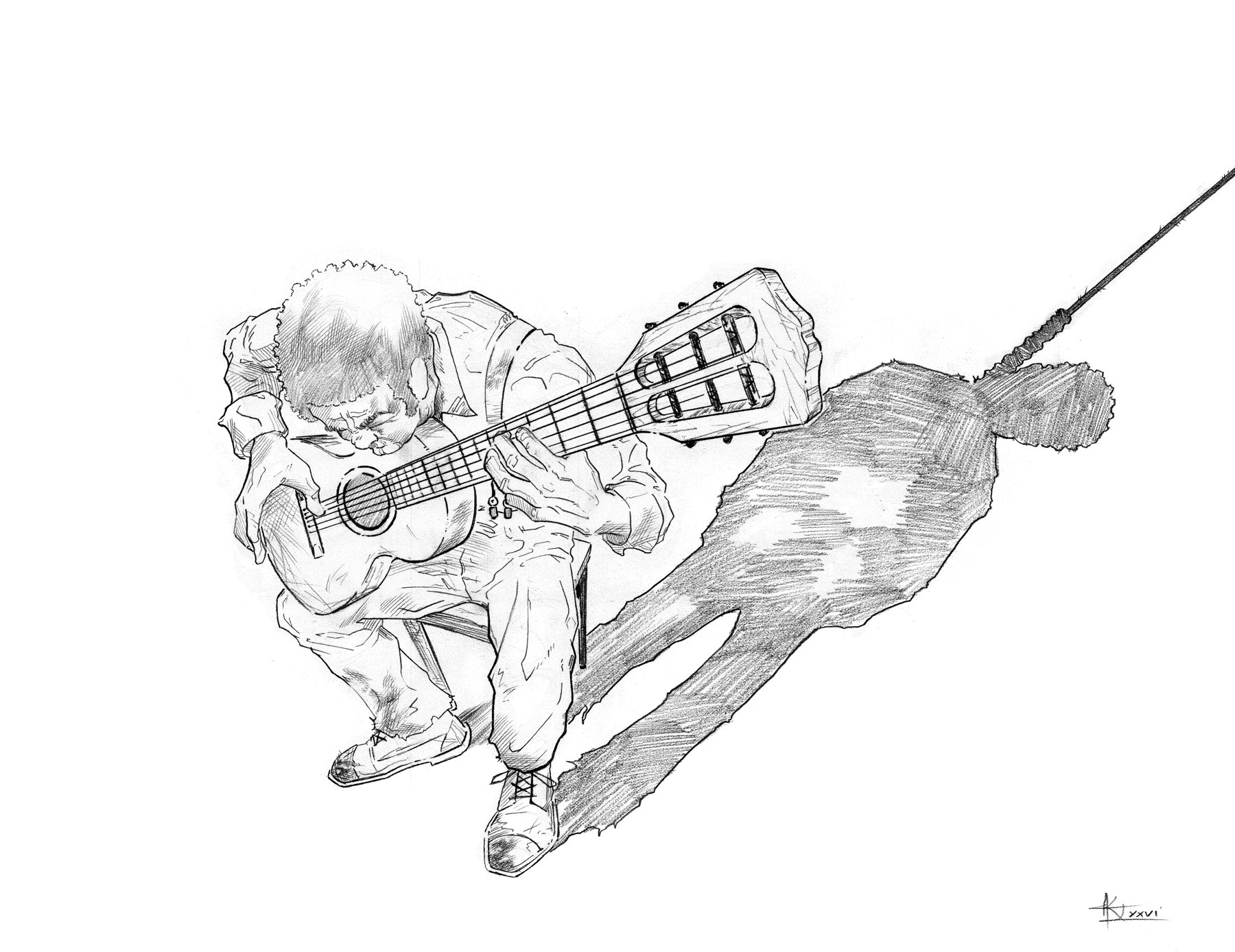 Pencil drawing of a blues musician with a long shadow