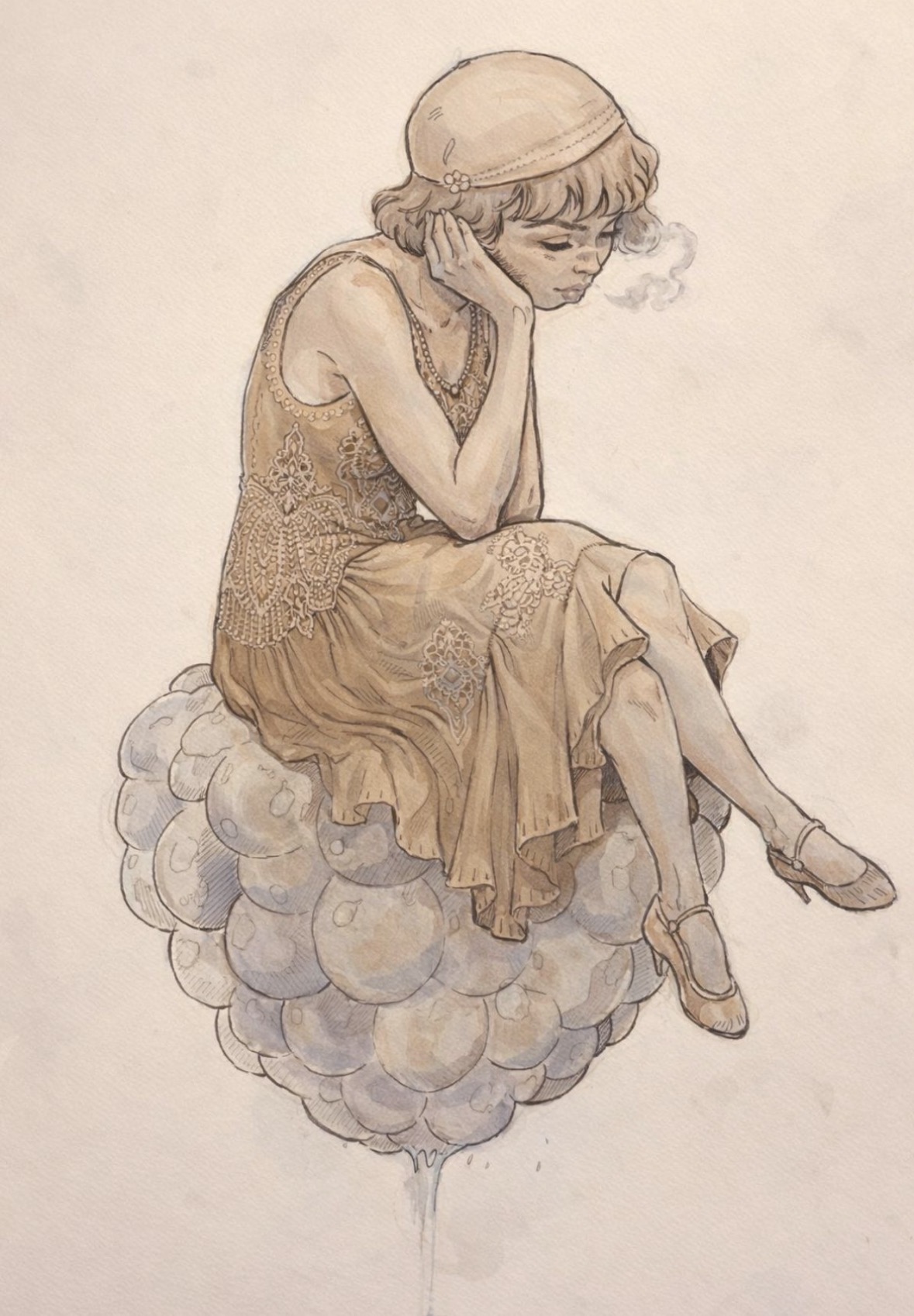 Illustration of a woman in a detailed dress seated on a cluster of clouds