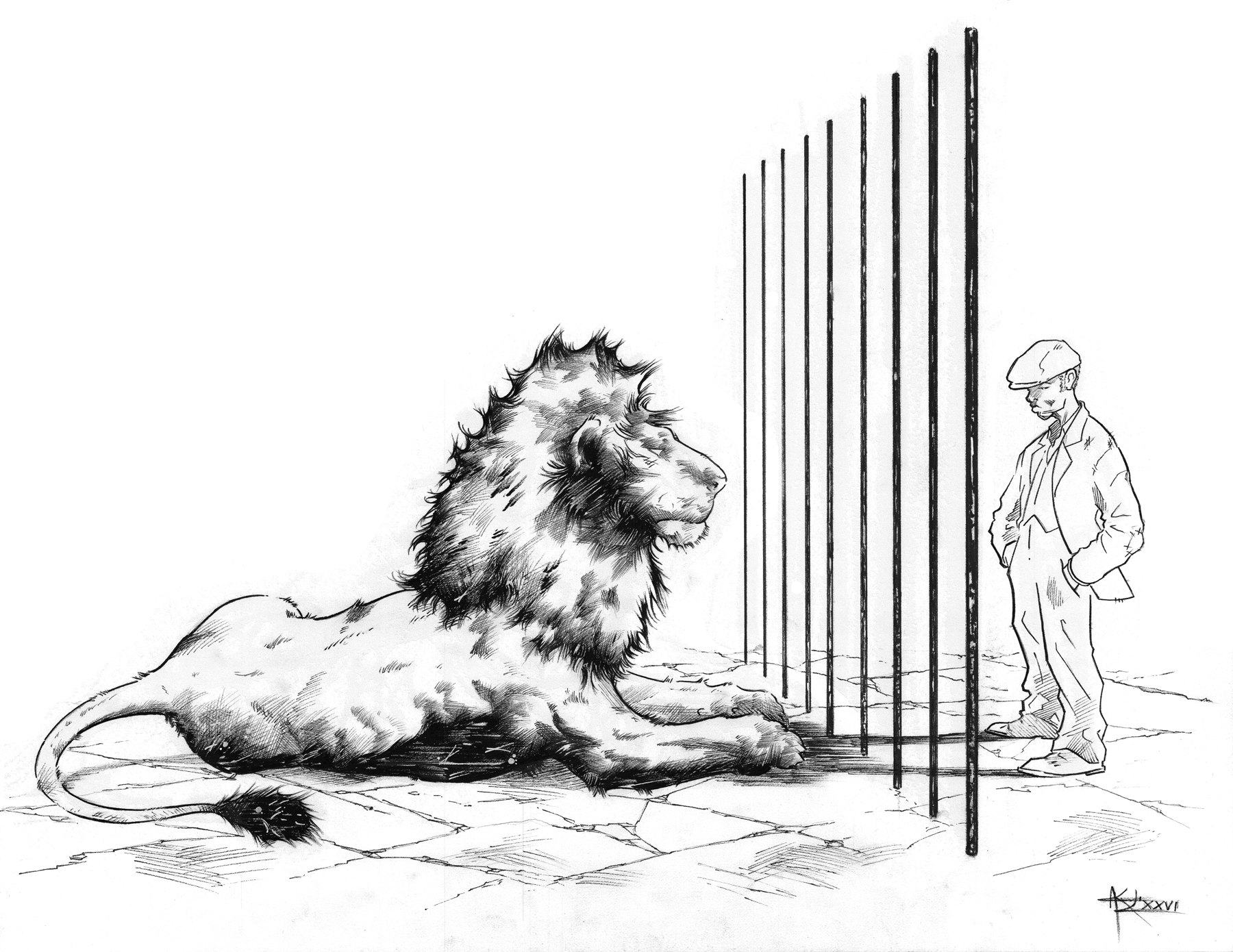 Pencil drawing of a lion resting near zoo bars opposite a standing man