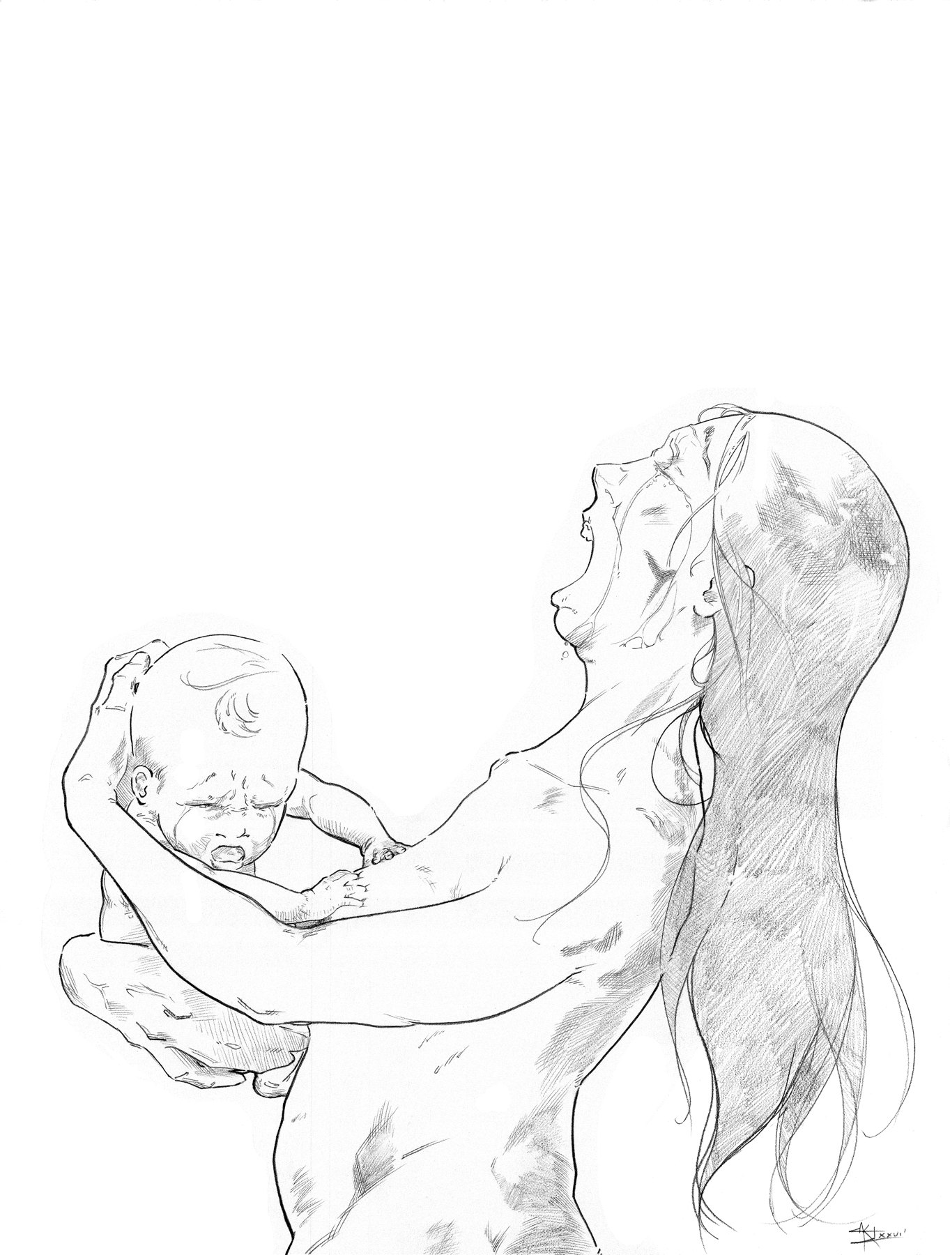 Drawing of a woman holding an infant