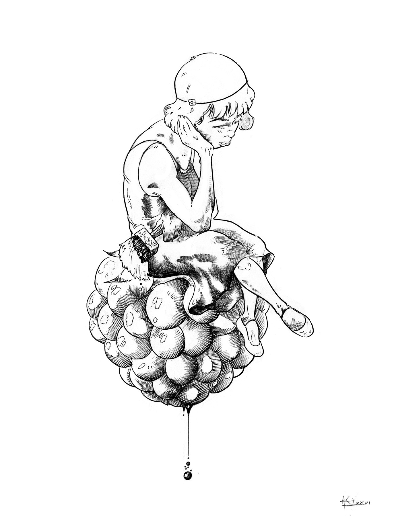 Drawing of a seated woman on a clustered form