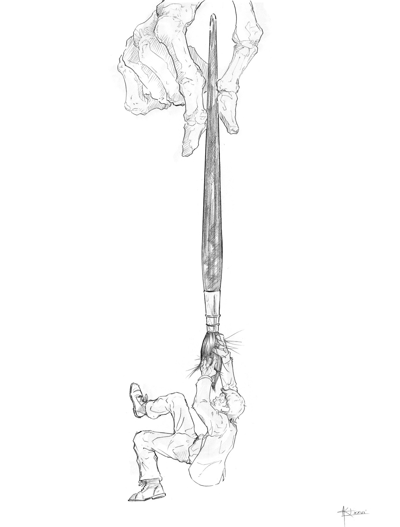 Drawing of a figure suspended below a tree