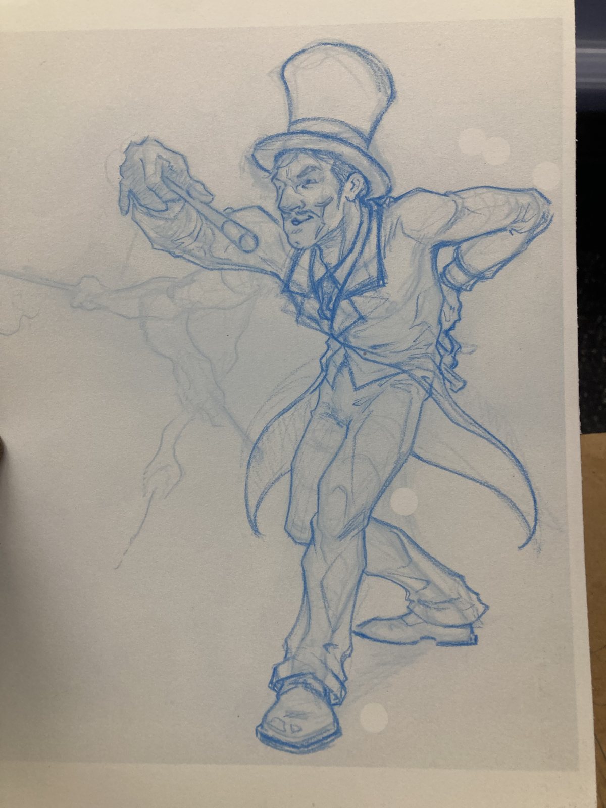 Blue pencil character study of a dancing figure wearing a top hat