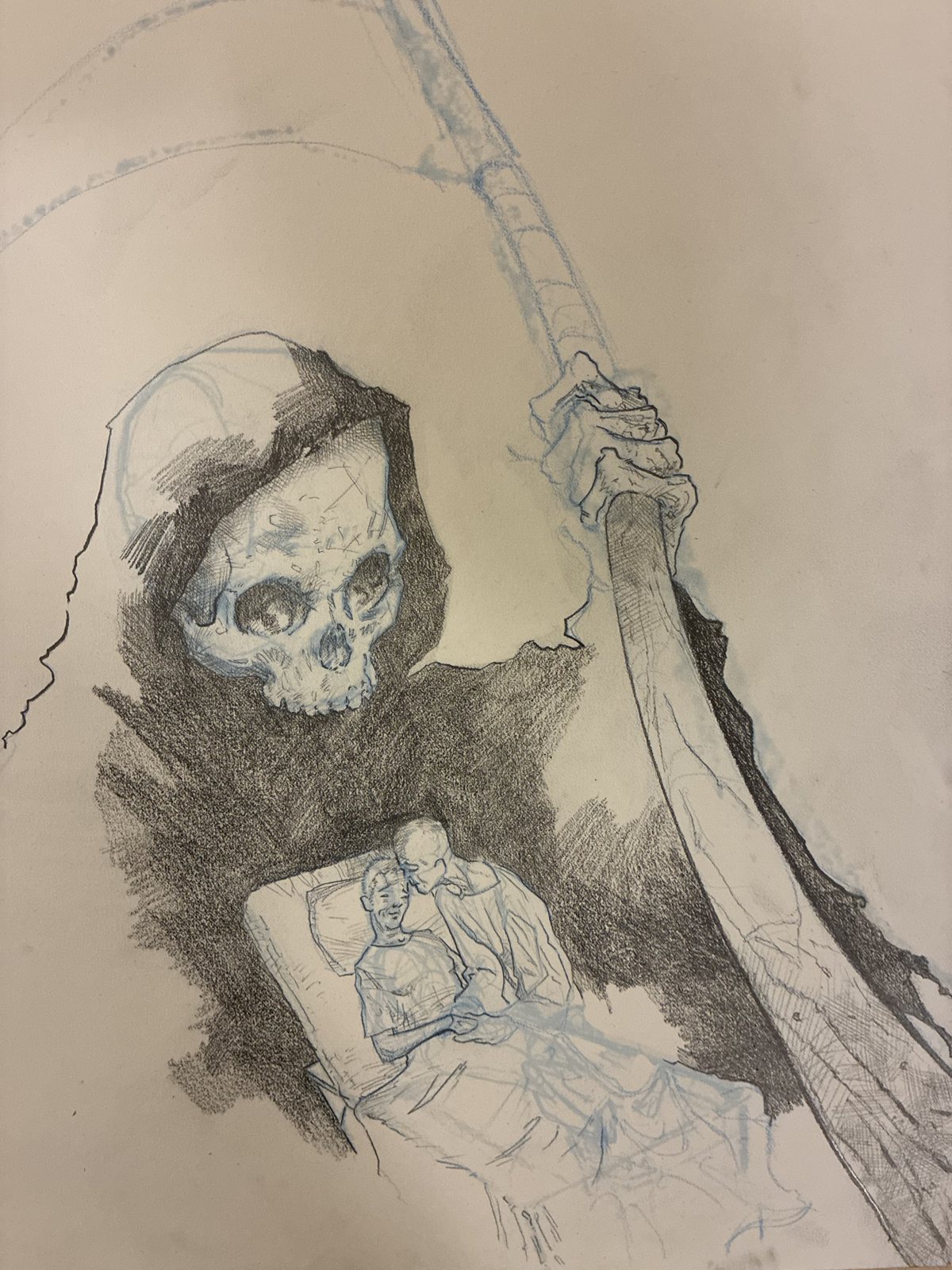 Pencil character study of a cloaked figure holding a scythe