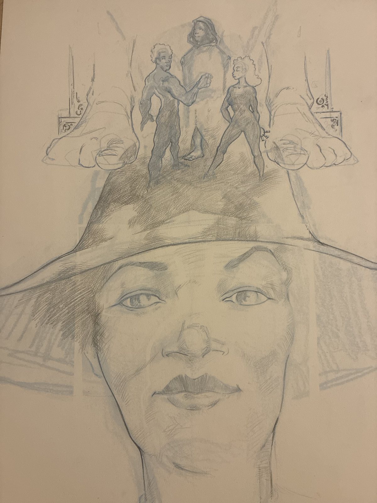 Pencil portrait study with small figures above the hat