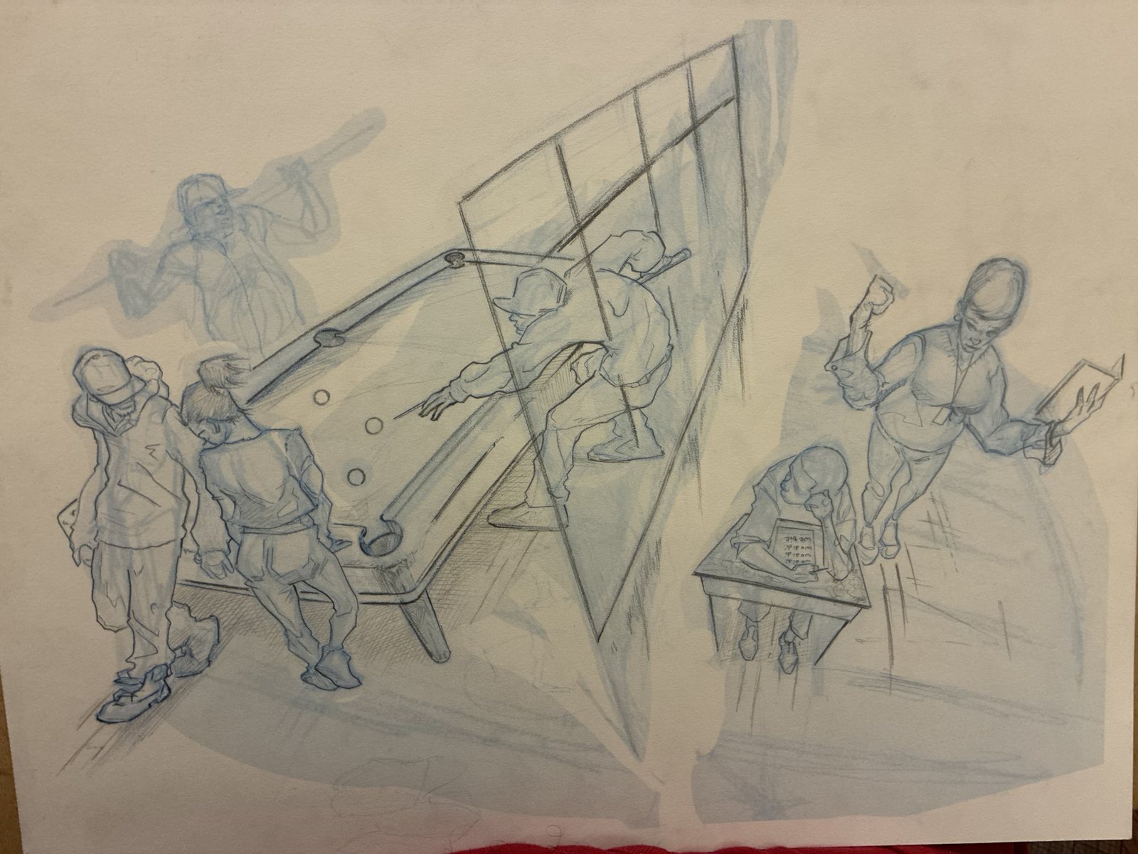 Pencil study of several figures around a city street scene